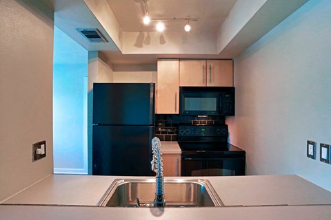 a kitchen with a sink and a black refrigerator